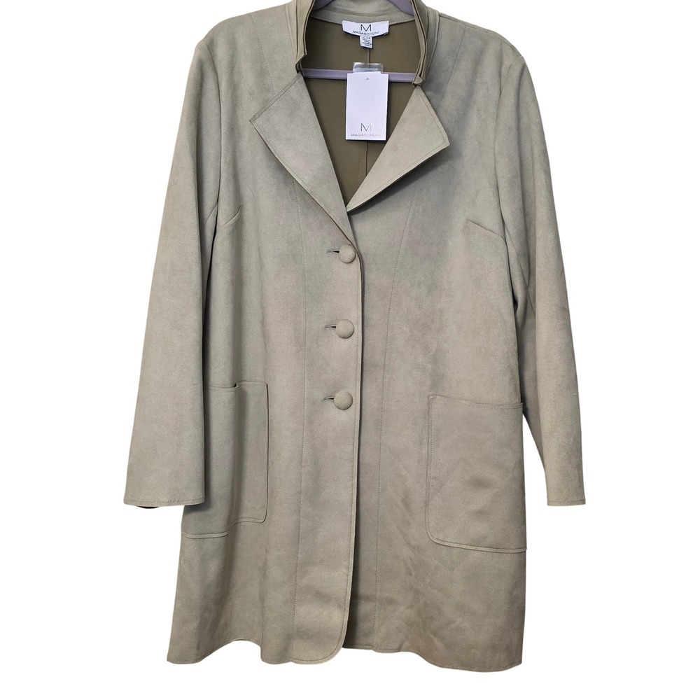 Magaschoni Women XL Faux Suede Car Coat Taupe Tan Button Front Pocket Jacket NEW